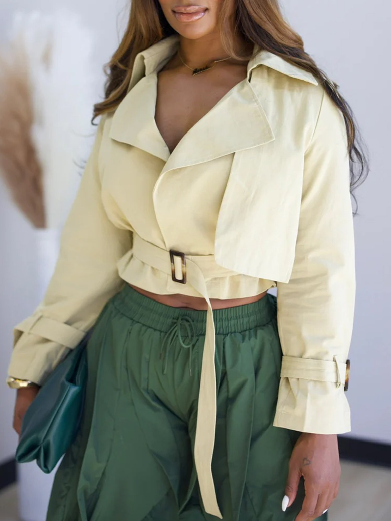 Urban  Plain Lapel Collar Trench Coat With Belt