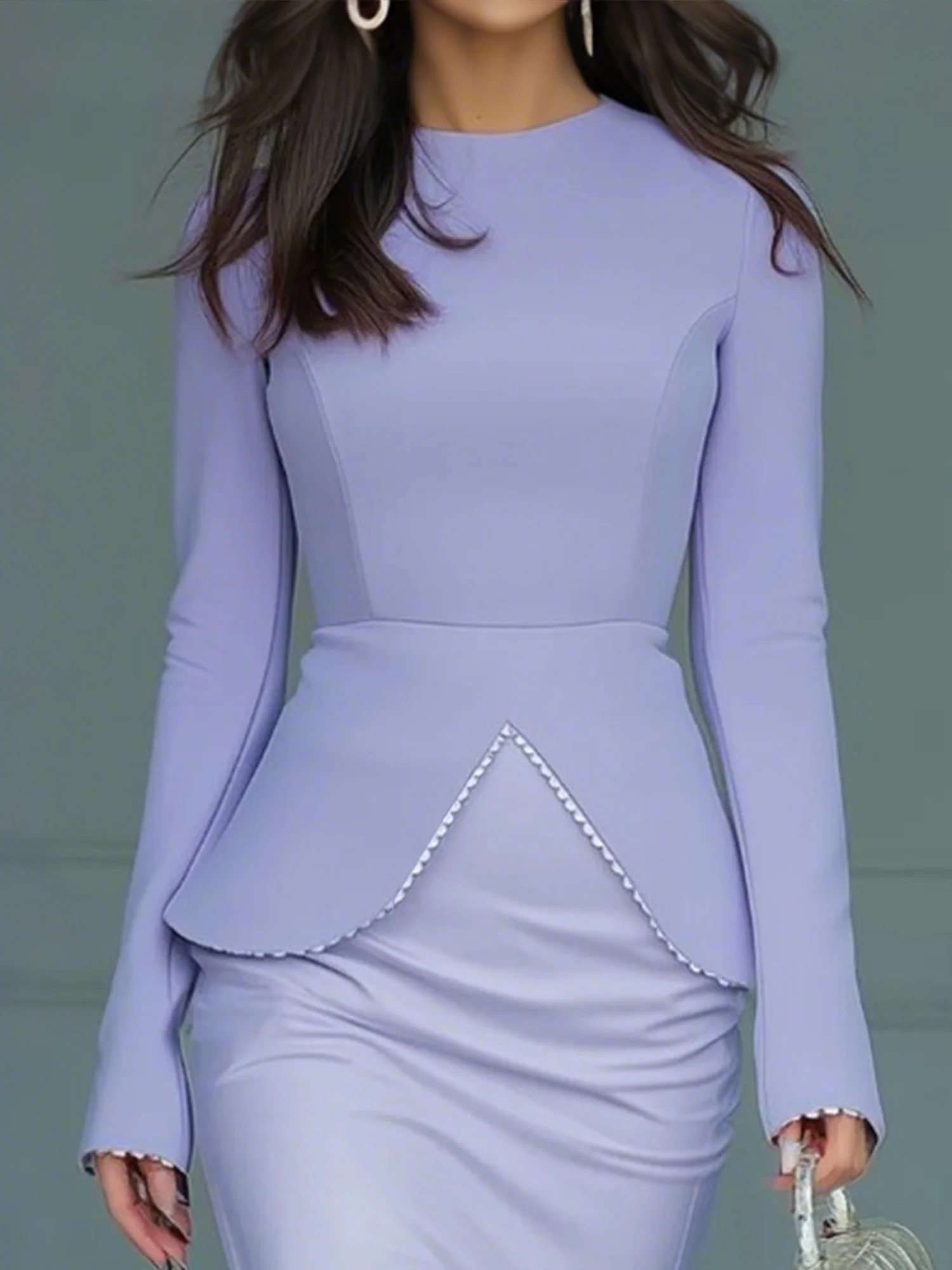 Elegant Plain Lace Edge Crew Neck Blouse