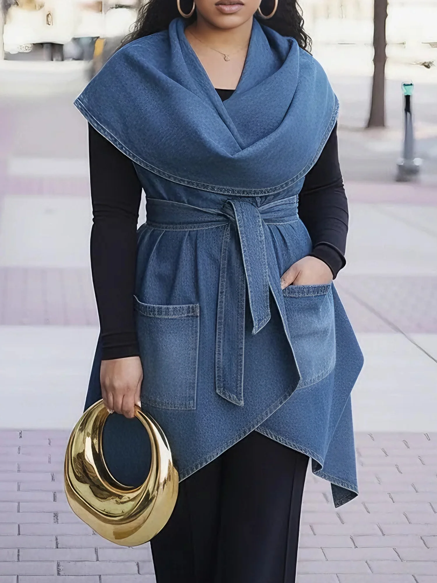 Casual Plain Denim Vest With Belt