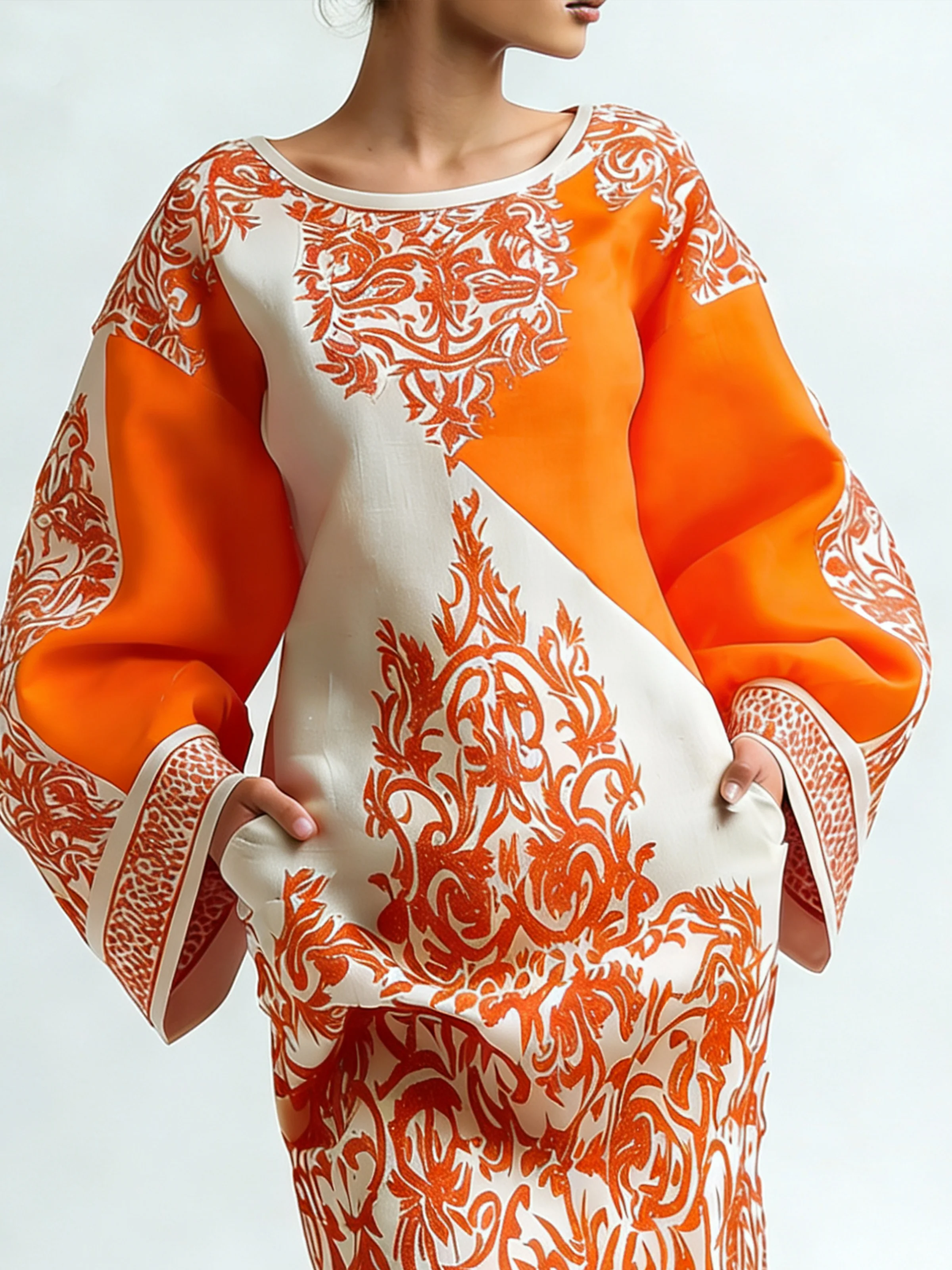 Elegant Geometric Bell Sleeve Printing Knee Length Dress