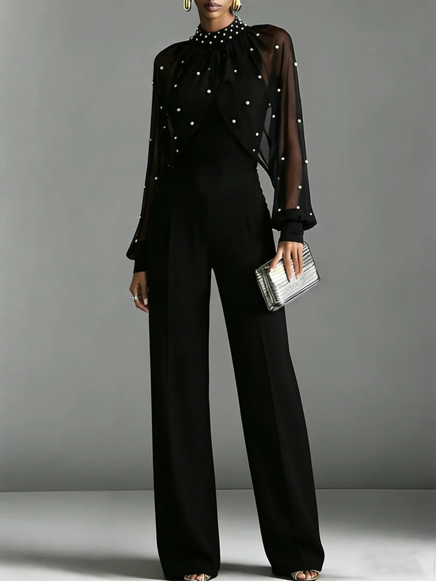 Elegant Raglan Sleeves Beaded Plain Stand Collar Jumpsuit