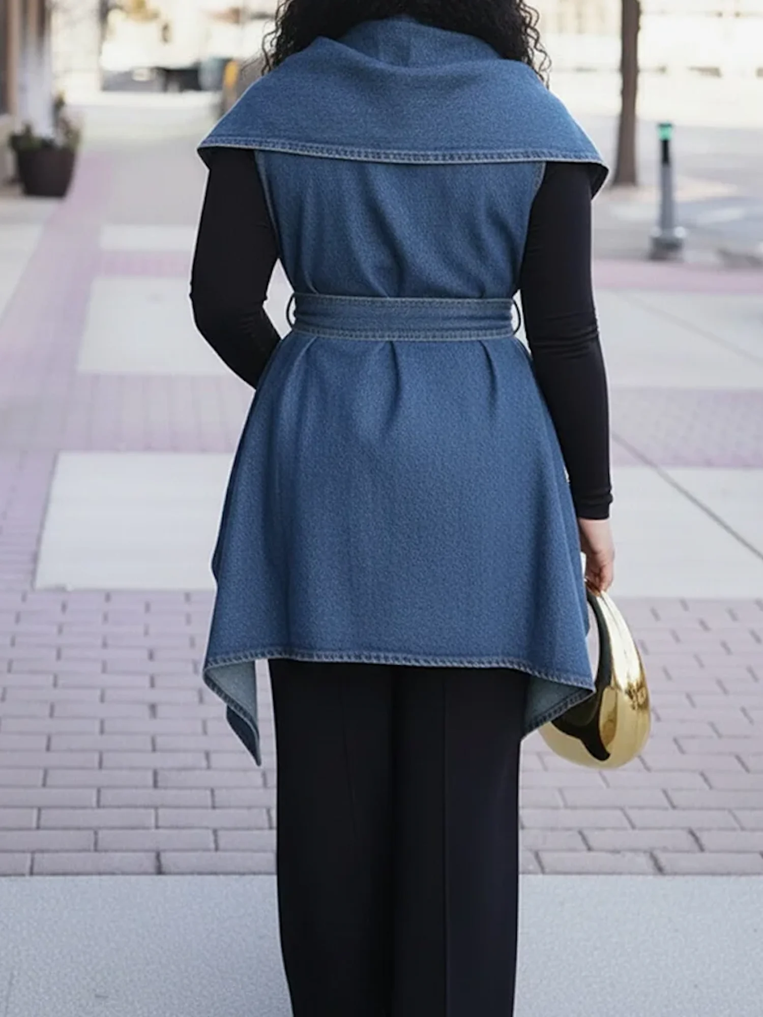 Casual Plain Denim Vest With Belt