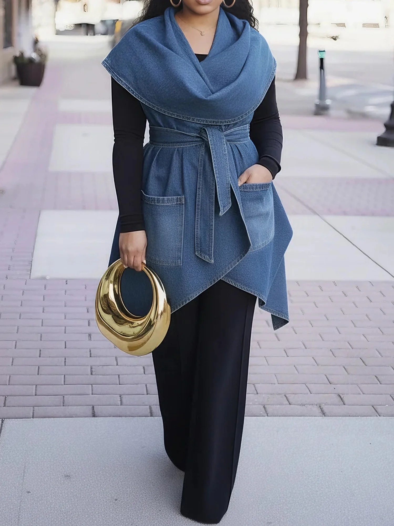 Casual Plain Denim Vest With Belt