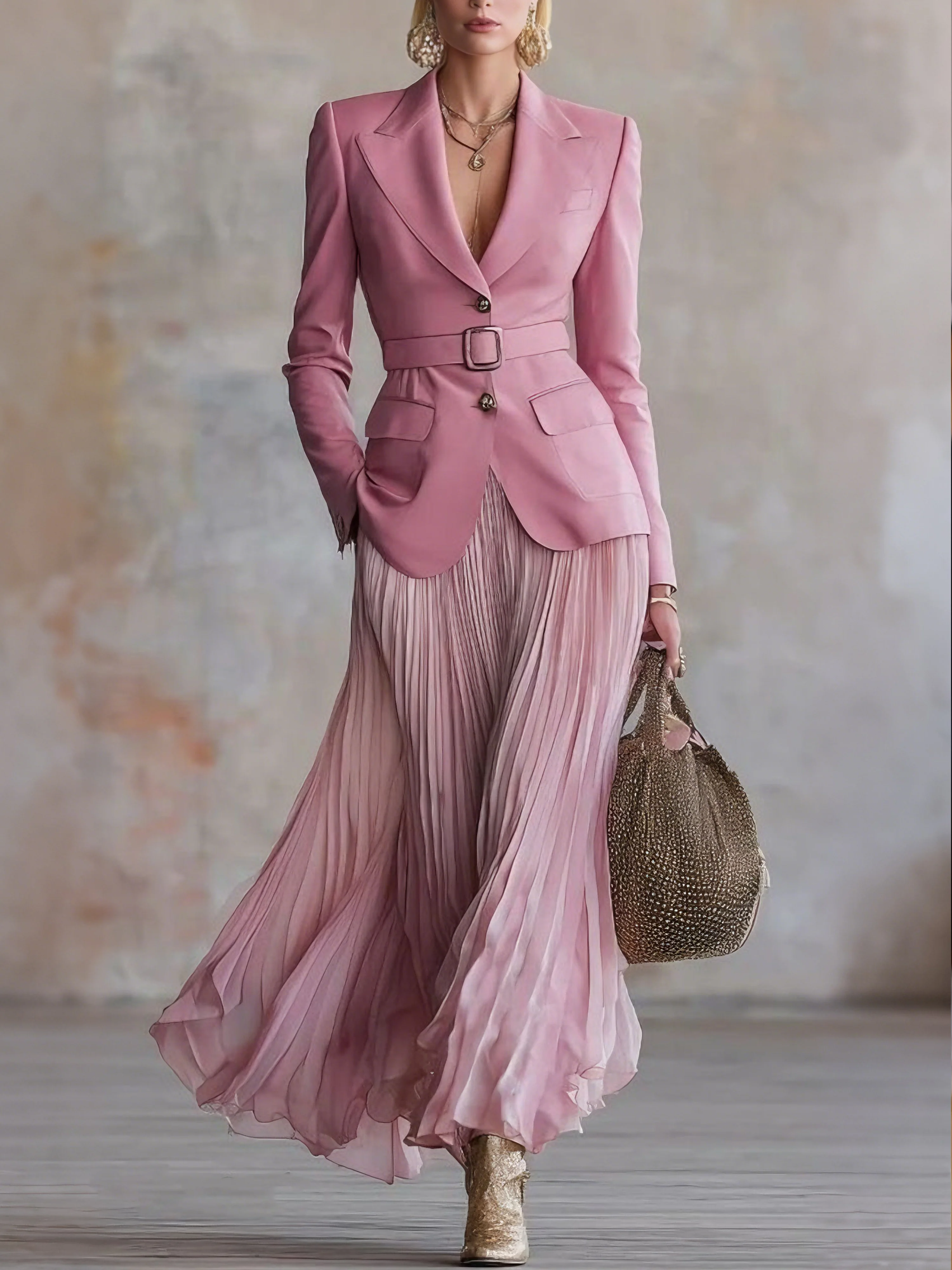 Elegant Pleated Plain Maxi Skirt