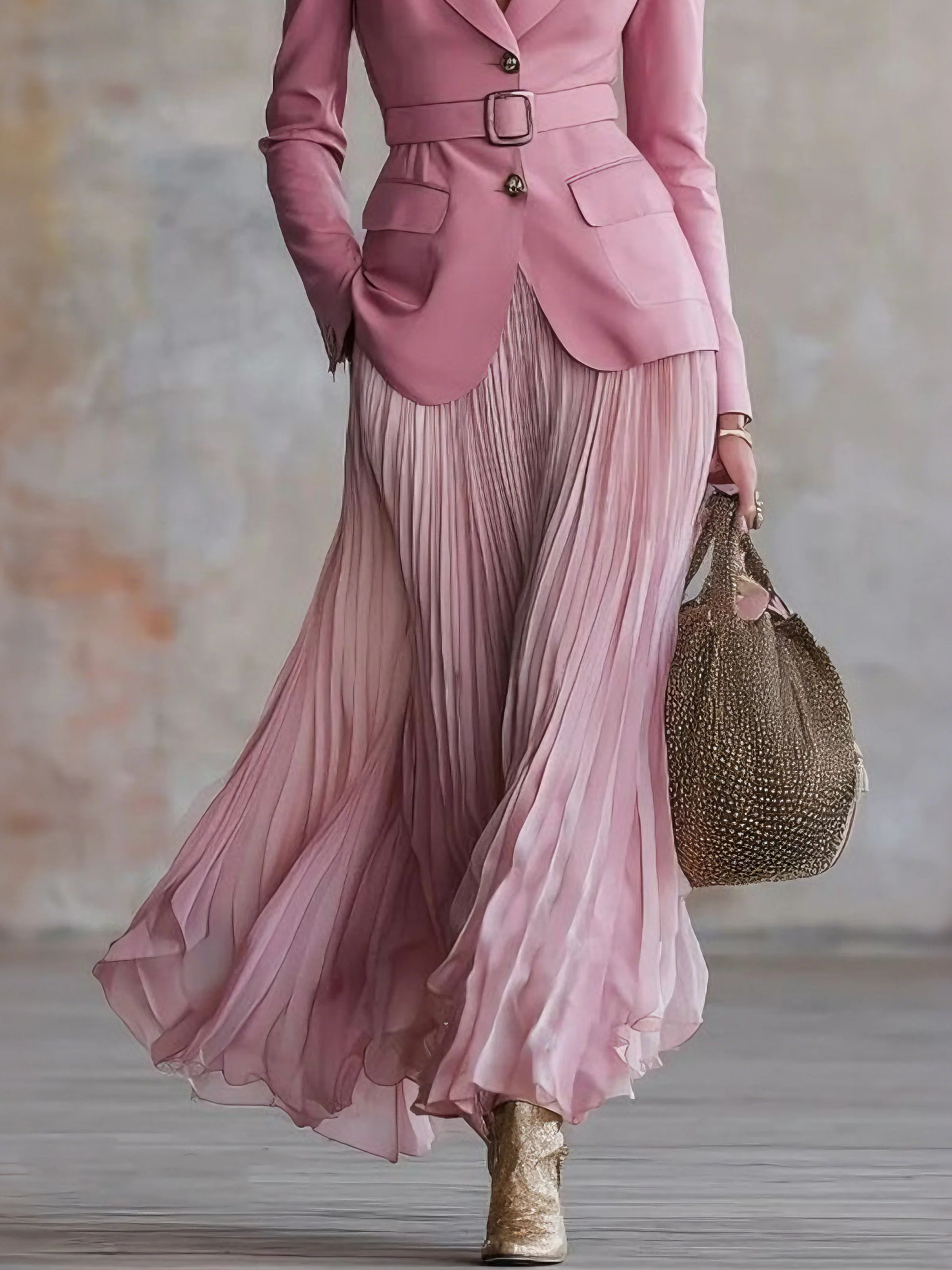 Elegant Pleated Plain Maxi Skirt