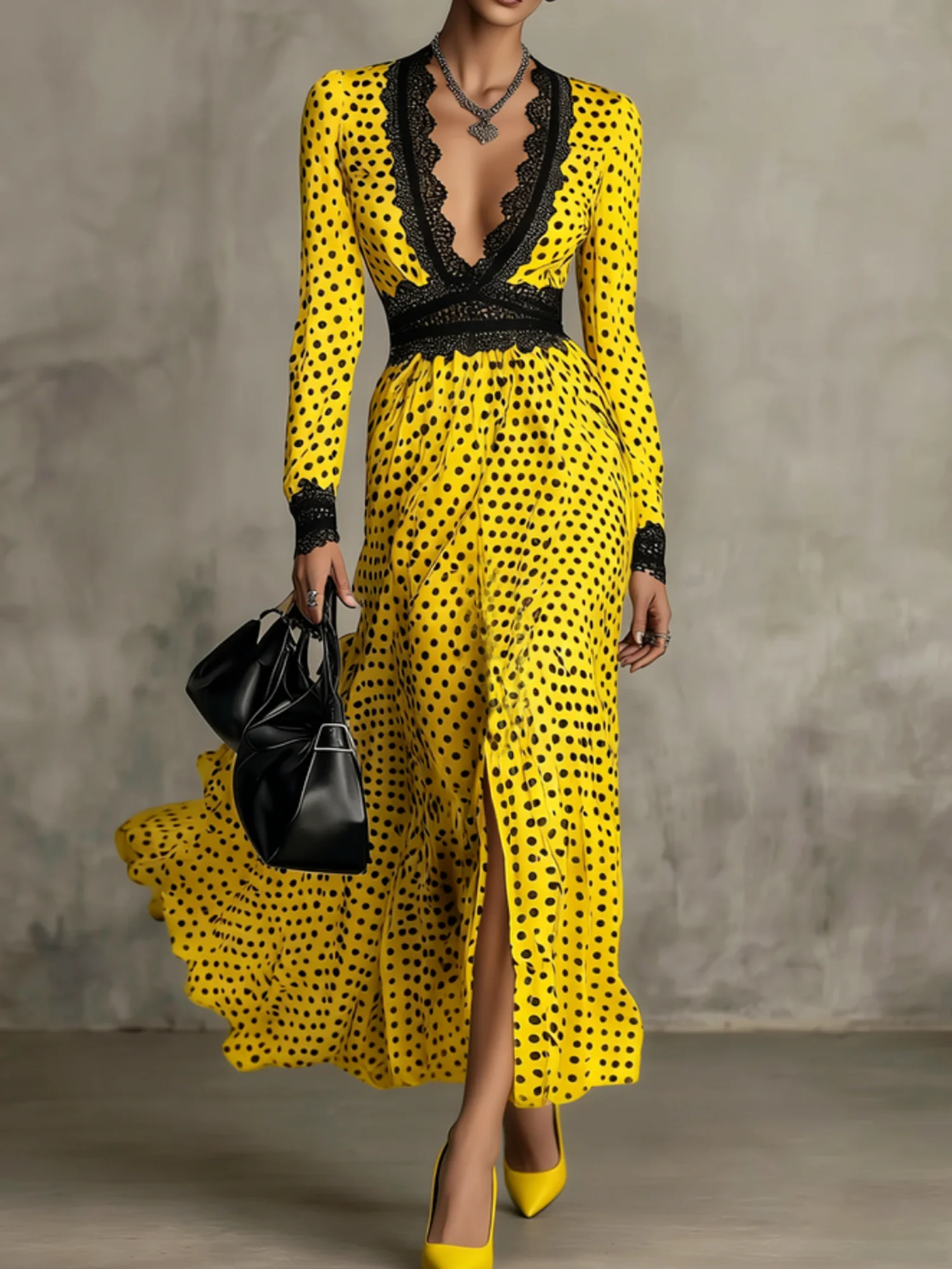 Elegant Polka Dots V Neck Maxi Dress