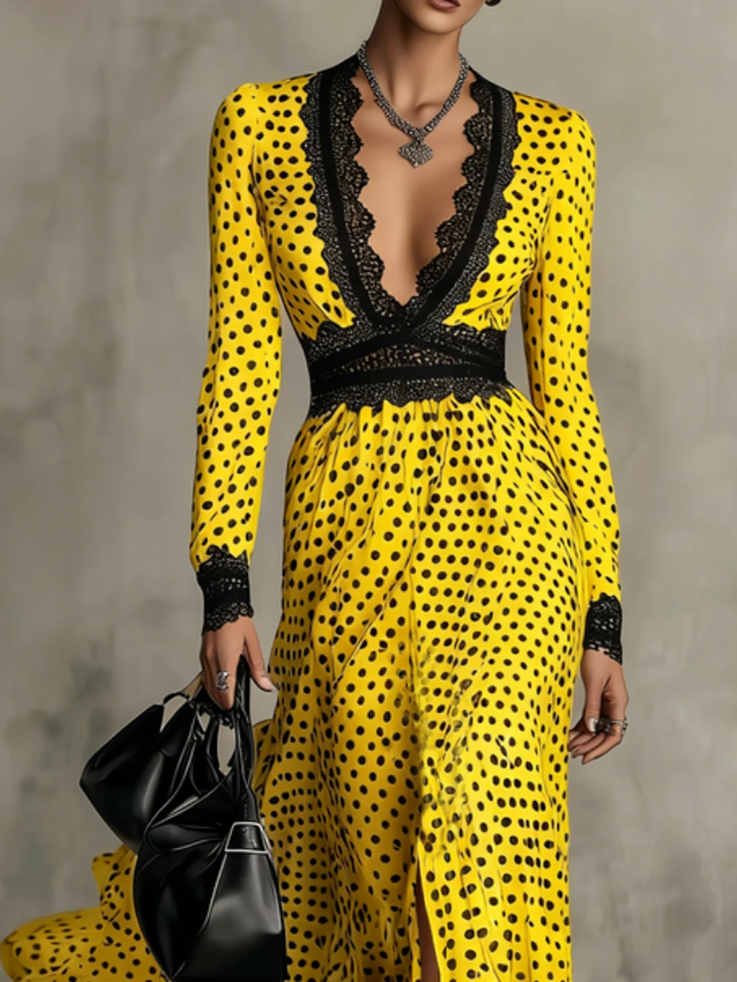 Elegant Polka Dots V Neck Maxi Dress