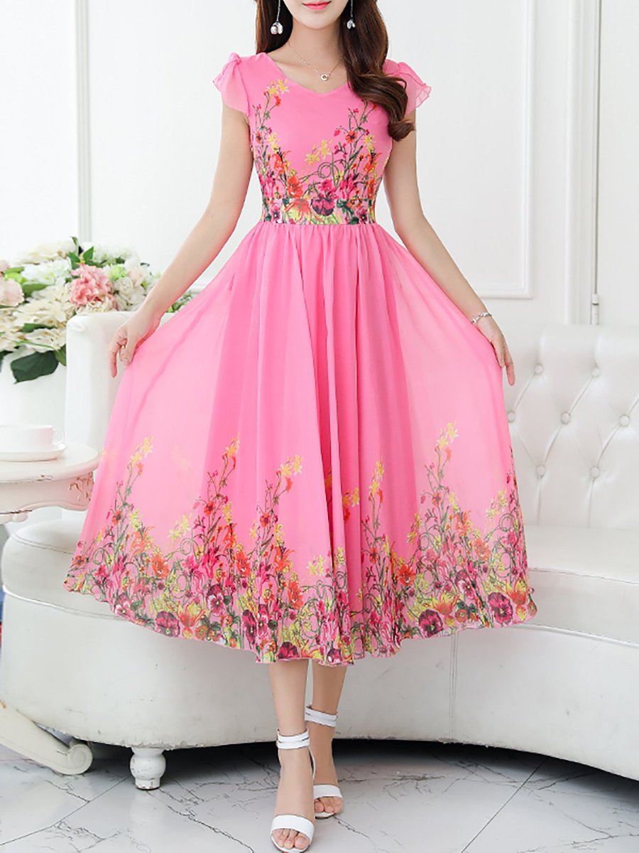 Stylewe Midi Dress Daytime Dress Short Sleeve Boho Printed Floral Dress