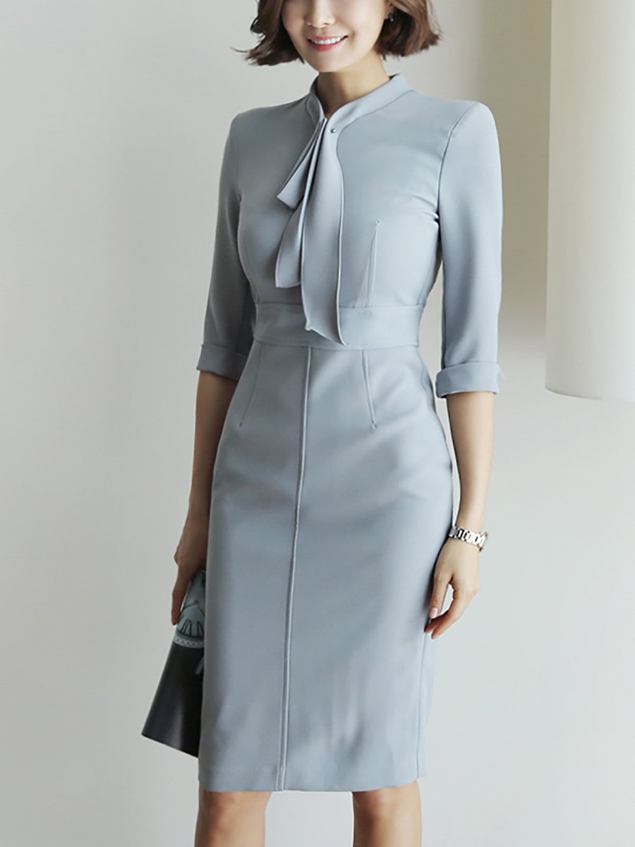 Tie neck light blue sheath work midi dress boots stores