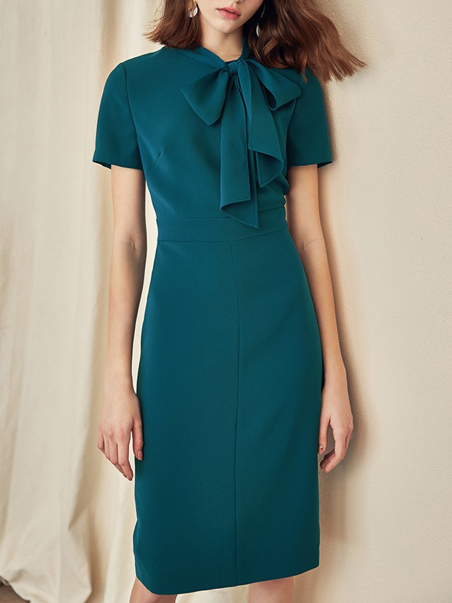 Tie neck light blue sheath work midi dress boots bandage style