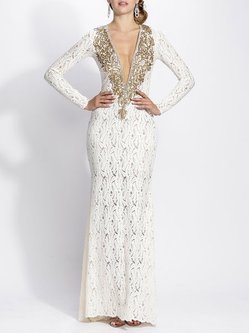 White Sheath Plunging Neck Elegant Evening Dress