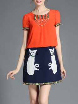 Orange Crew Neck A-line Color-block Cat Pattern Mini Dress
