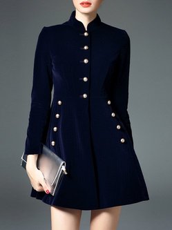 Dark Blue Simple Buttoned A-line Coat