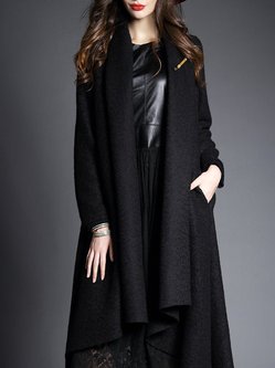 Black Long Sleeve Wool Blend Plain Coat