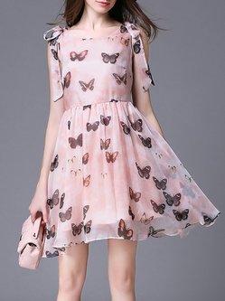 Pink Chiffon Short Sleeve A-line Mini Dress