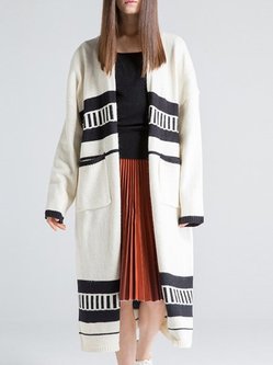 White Stripes Wool Blend Knitted Long Sleeve Cardigan