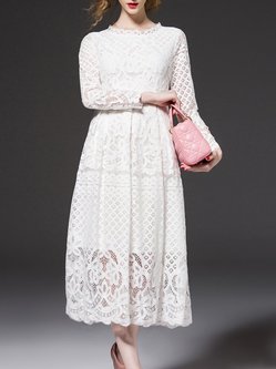 Floral Stand Collar Vintage Long Sleeve Guipure Lace Midi Dress