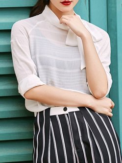 White Turtleneck Bow Casual Blouse