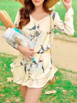 Apricot Polyester Floral Long Sleeve Romper