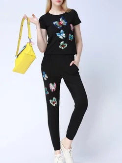 Embroidered Casual Two Piece Short Sleeve Jumpsuit