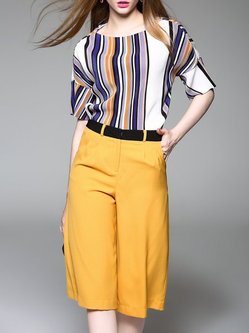 Yellow Printed Two Piece Stripes Half Sleeve Jumpsuit