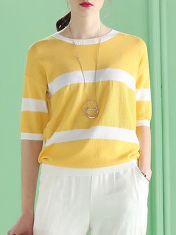 Yellow Casual Knitted Color-block Crew Neck Blouse