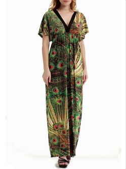 Printed Short Sleeve A-line Resort Maxi Dress