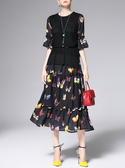 Black Butterfly Half Sleeve Polyester Two Piece Midi Dress