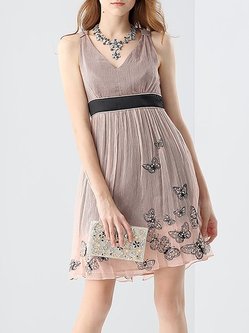 Nude A-line V Neck Butterfly Appliqued Sleeveless Mini Dress