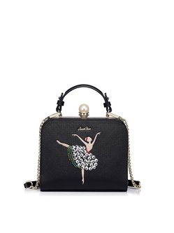 Black Sweet Beads Embroideried PU Clasp Lock Crossbody Bag