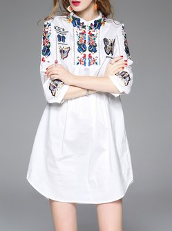 Shift Embroidered 3/4 Sleeve Casual Stand Collar Mini Dress