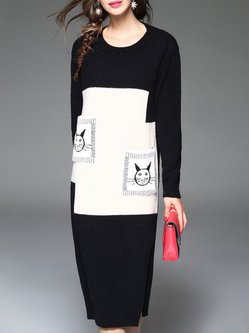 Black Animal Print Casual Paneled H-line Midi Dress