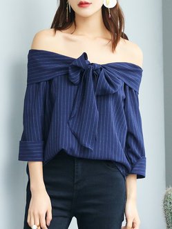 Navy Blue Polyester Off Shoulder Simple Bow Blouse