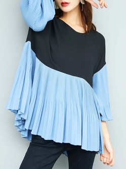 Blue Crew Neck Polyester Plain Simple Blouse