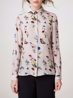 Multicolor Butterfly  Printed Long Sleeve Shirt Collar Blouse