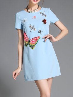 Blue Sweet A-line Polyester Embroidered Mini Dress
