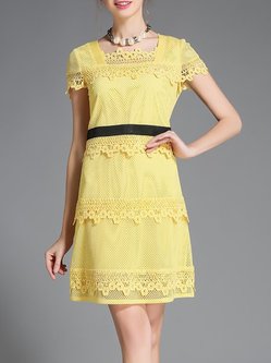 Yellow Mesh Short Sleeve Square Neck Mini Dress