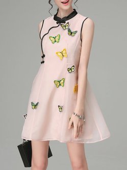 Pink A-line Organza Sweet Stand Collar Mini Dress