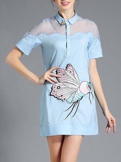 Short Sleeve H-line Embroidered Simple Mini Dress