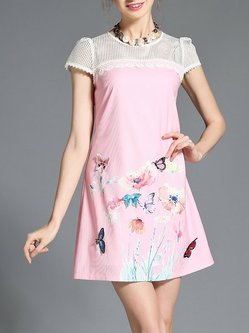 Pink Appliqued Sweet Polyester A-line Mini Dress
