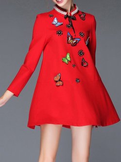 Res Butterfly Embroidered Stand Collar Long Sleeve Mini Dress