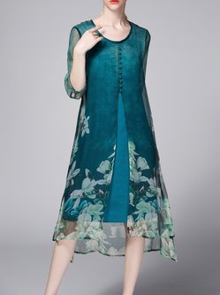 Green Floral-print Casual Silk Midi Dress