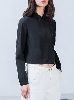 Black Shirt Collar Plain Simple Long Sleeve Cropped Top