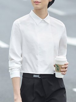 White Plain Simple Shirt Collar Asymmetric Cropped Top