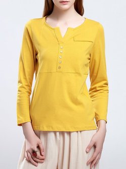 Yellow Nylon Buttoned Simple Long Sleeved Top