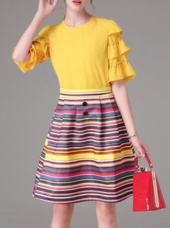 Yellow Stripes Frill Sleeve Two Piece Midi Dress