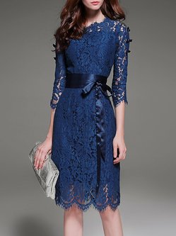 Royal Blue Elegant A-line Lace Crew Neck Midi Dress With Belt