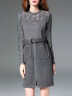 Gray Long Sleeve Paneled Lace Plain Mini Dress With Belt