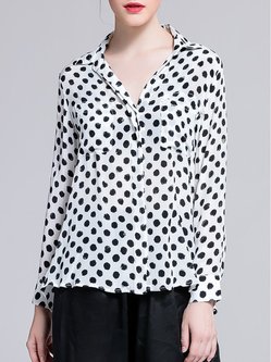 White Shirt Collar Simple Polka Dots Silk Blouse