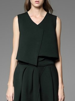 Dark Green Casual Asymmetric Plain Cropped Top